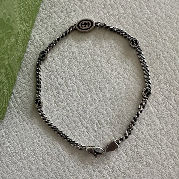 NEW GUCCI Sterling Silver Enamel Thin Interlocking G Bracelet Black - Picture 4 of 8